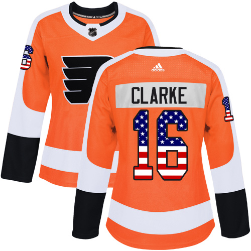 Adidas Flyers #16 Bobby Clarke Orange Home Authentic USA Flag Women's Stitched NHL Jersey